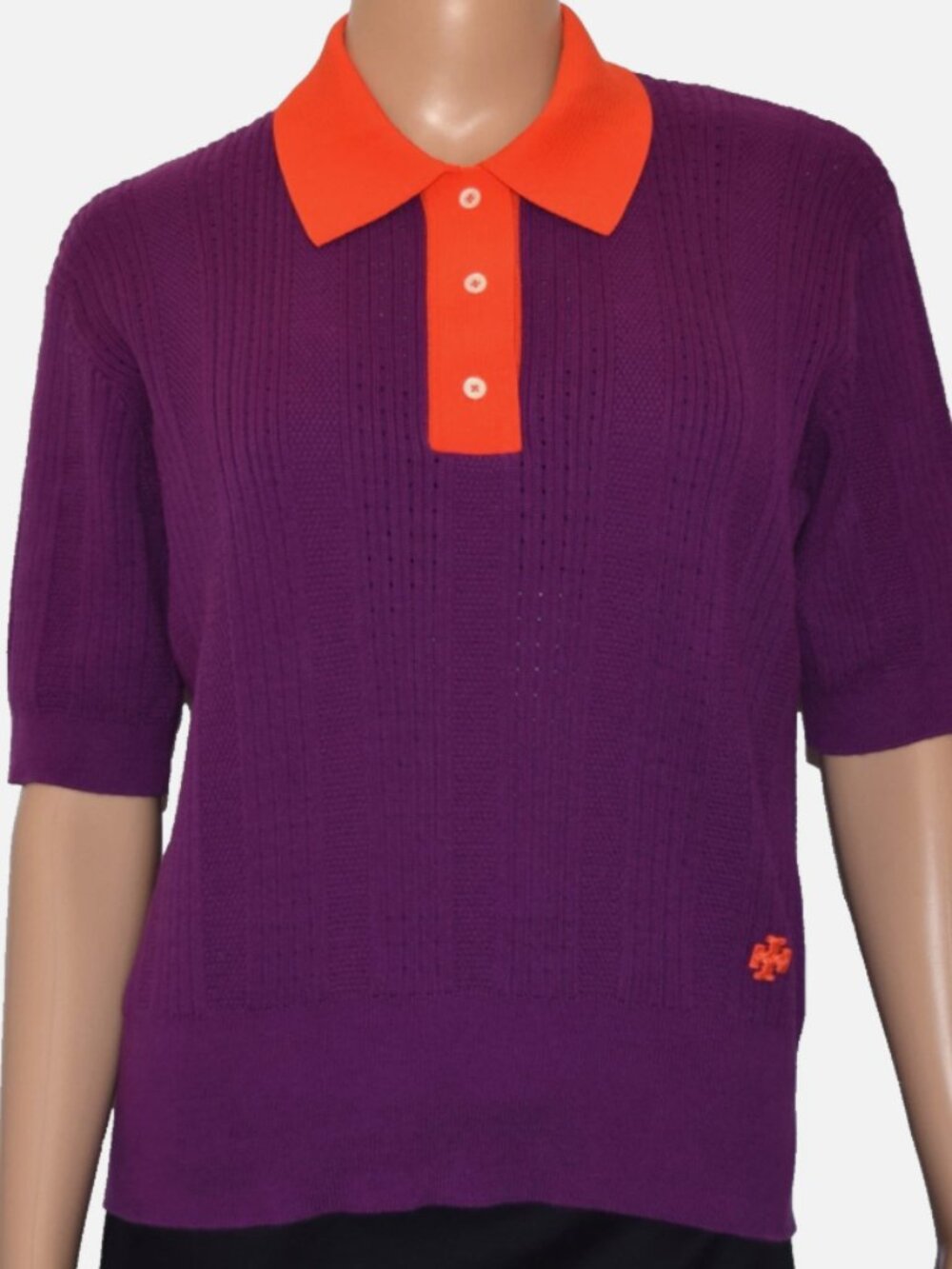 TORY BURCH Cotton Pointelle Polo Purple Short Sleeve Classic Fit Top Size L